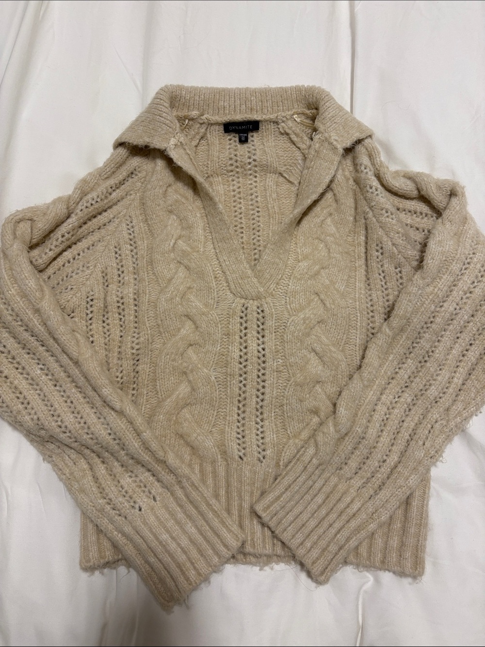 Dynamite Cream/Beige Cable V-Neck Polo Sweater